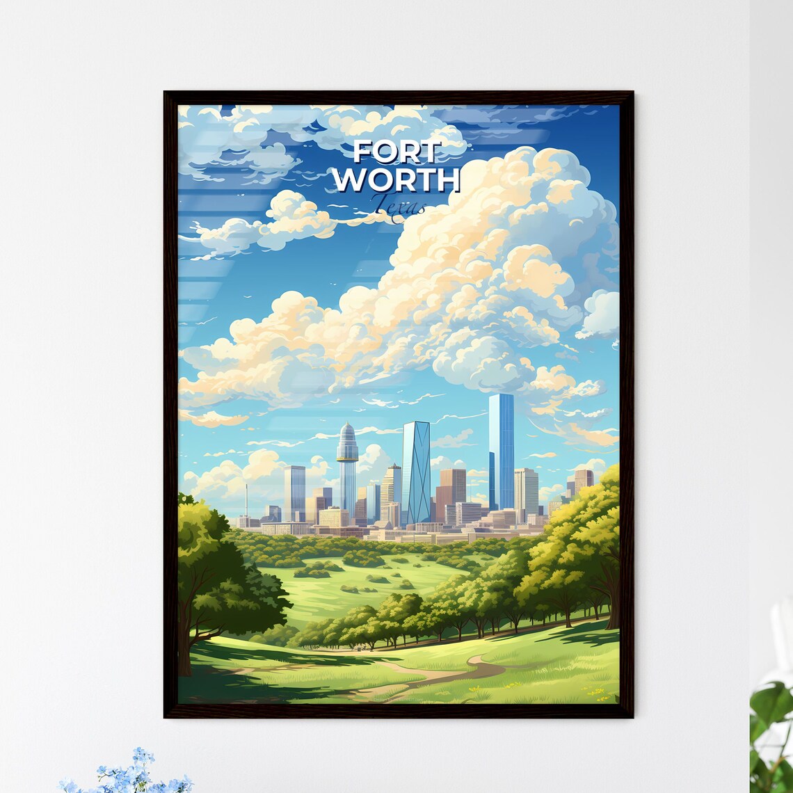 Fort Worth Texas Downtown Skyline Green Park Cloud Travel Poster