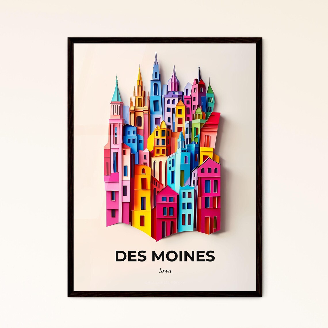 Des Moines Iowa Colorful Paper Cut Church Spires Scene Poster