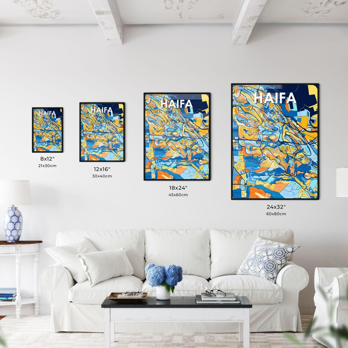 Haifa Israel Stylish Vibrant Blue and Orange Mosaic City Map Poster - Image 3