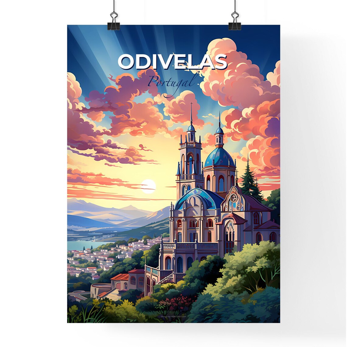 Vivid Odivelas Portugal Blue Domed Church Sunset Hillside Poster - Image 4