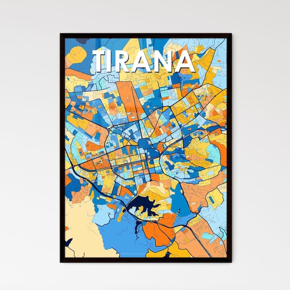 Tirana Albania Colorful Art Map Poster in Blue and Orange Tones