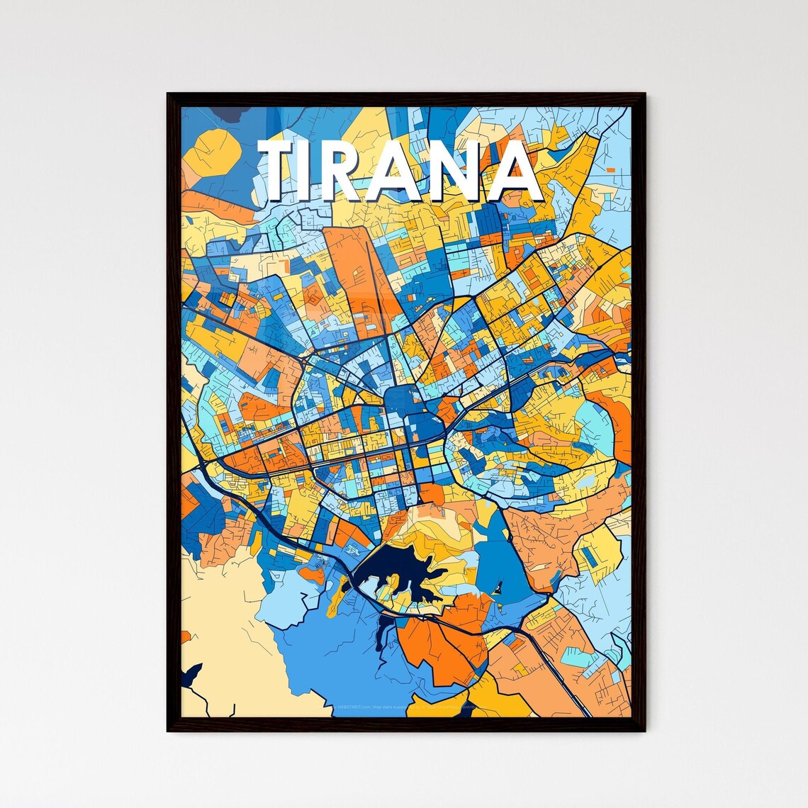 Tirana Albania Colorful Art Map Poster in Blue and Orange Tones