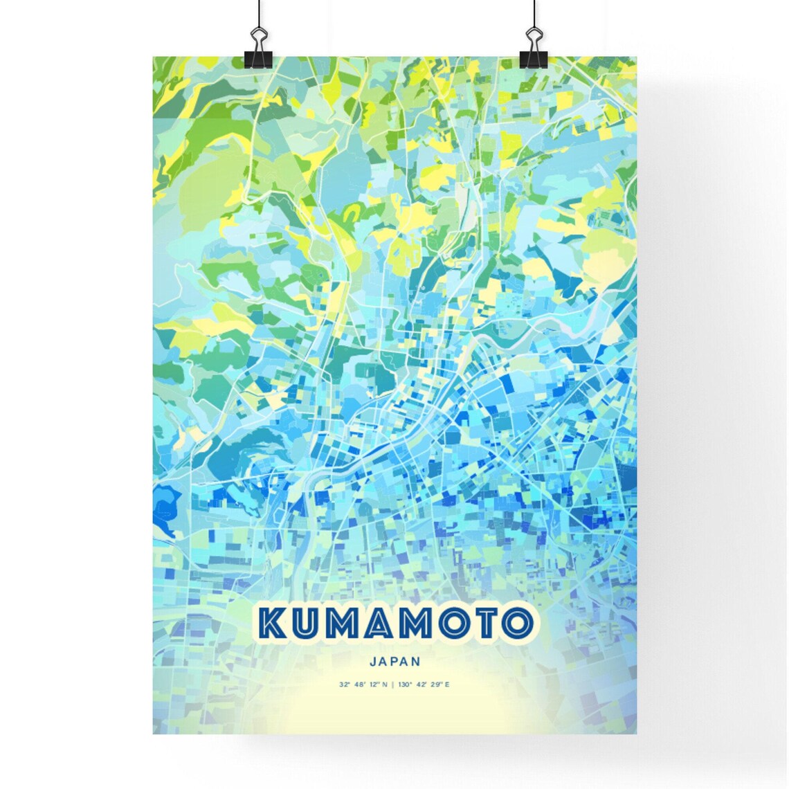 Kumamoto Japan Pastel Blue City Map Art with Coordinates Poster - Image 3