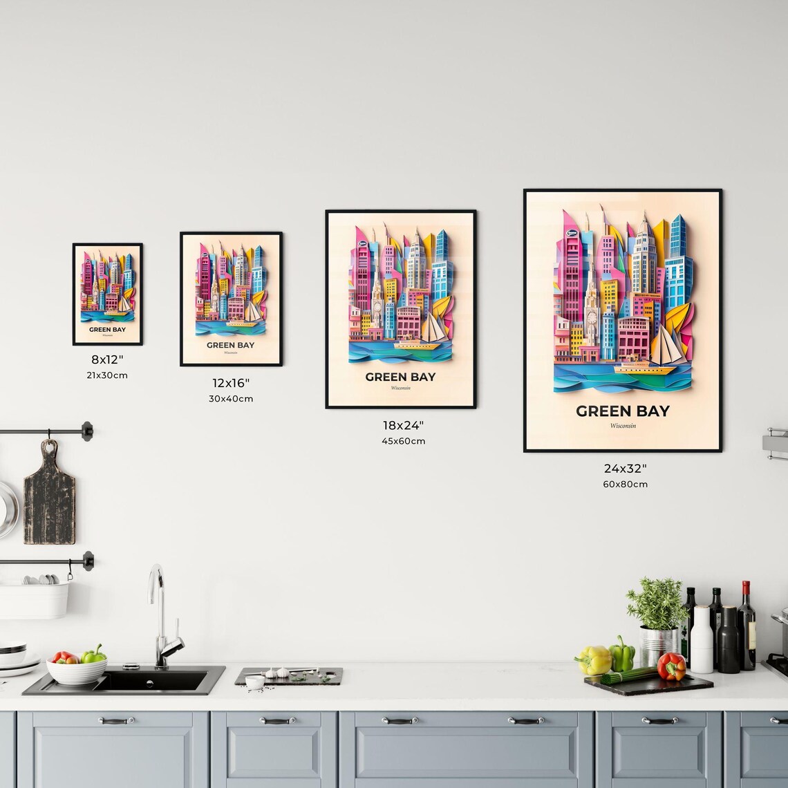 Green Bay Wisconsin Skyline Sailboat Paper Cut Travel Poster - Image 3