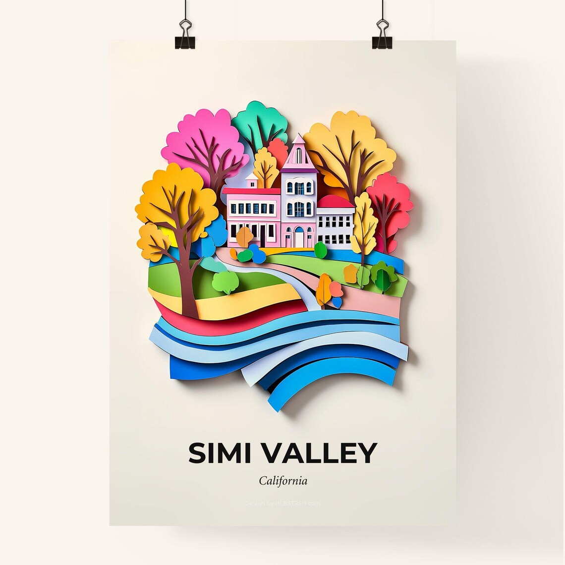 Simi Valley California House Trees Colorful Paper Cut Poster - Image 4