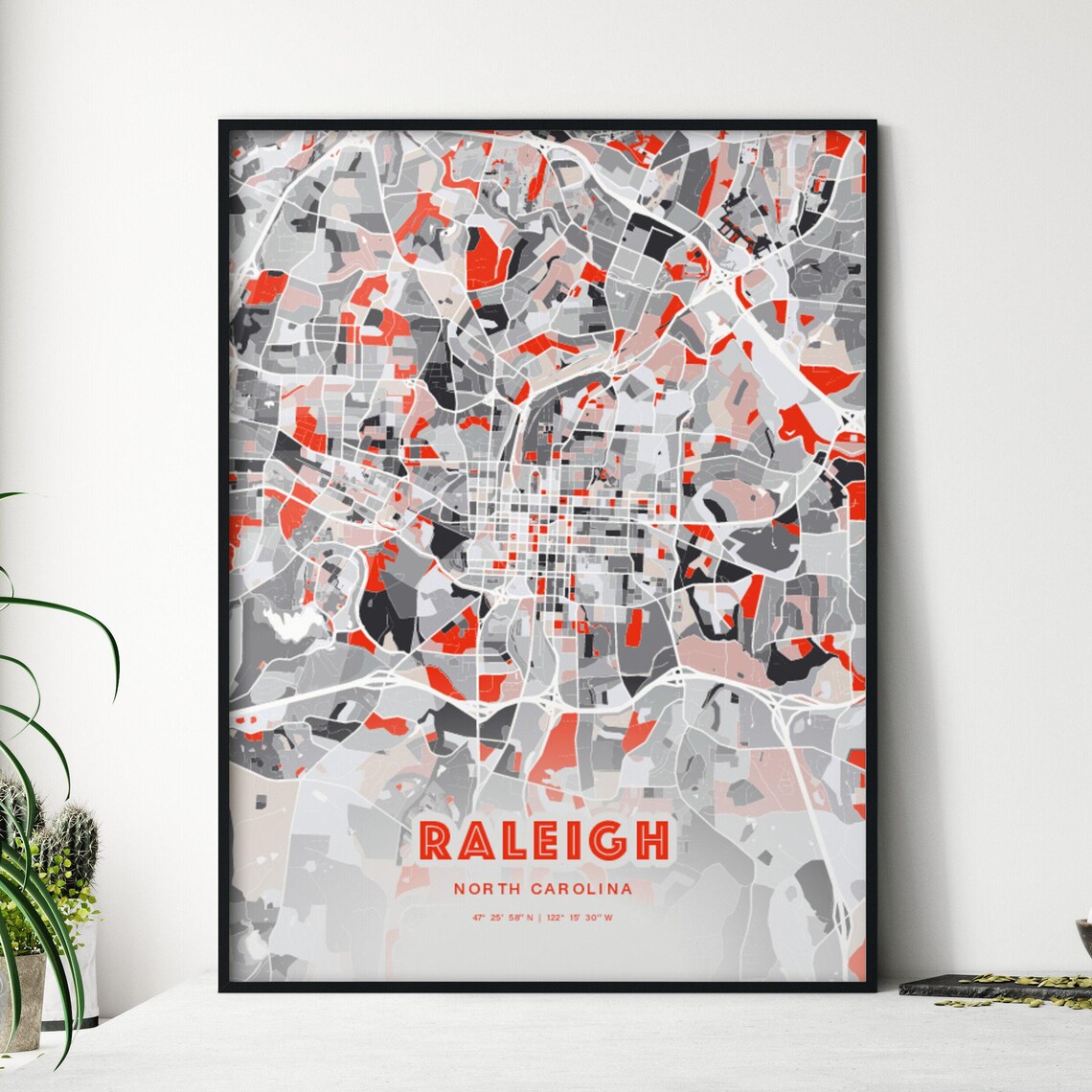 Raleigh North Carolina Bold Red Modern City Street Map Artwork Poster