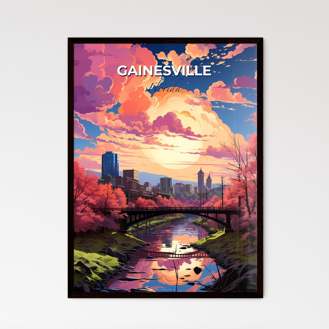 Gainesville Florida Sunset Skyline Over River Bridge Travel Poster
