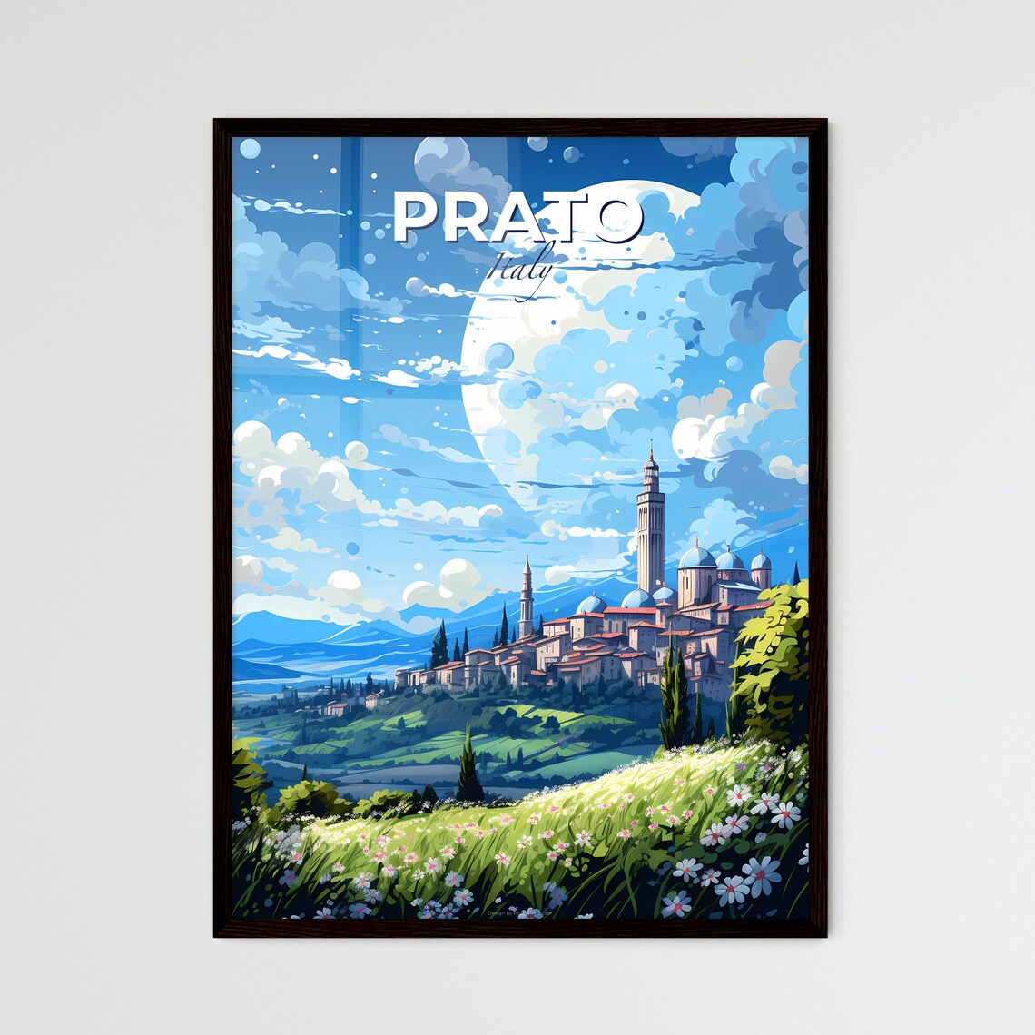 Prato Italy Tuscan Moonlit Hill Town Night Sky Travel Poster