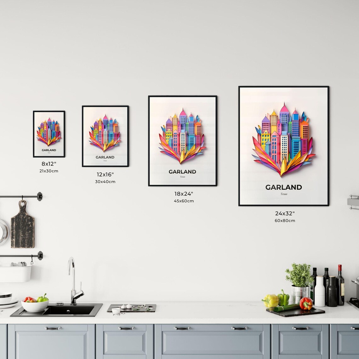 Garland Texas Colorful Paper Cut Skyscrapers and Leaves Poster - Image 3