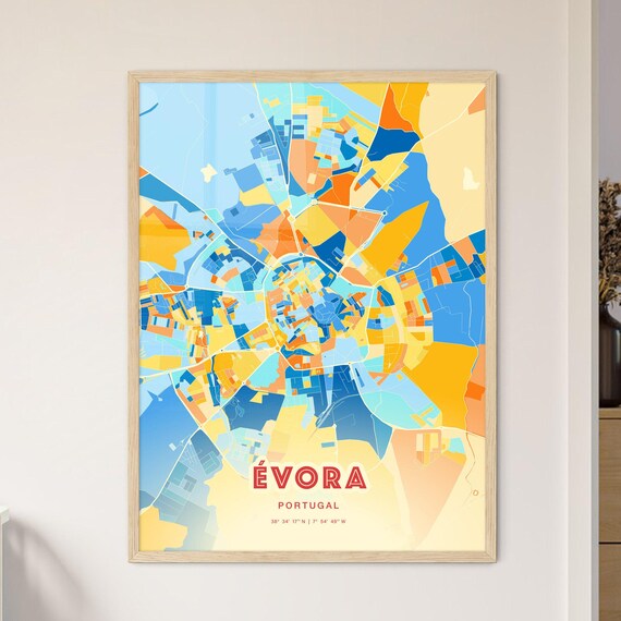 Evora Portugal Colorful Blue Orange Historic City Map Art Print