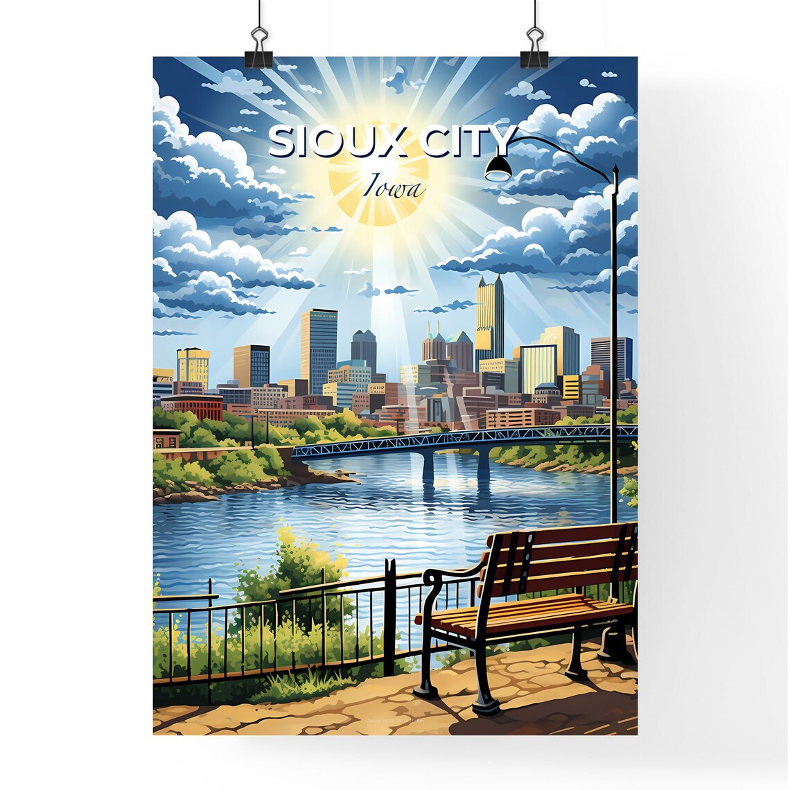Vivid Sioux City Iowa Riverside Bench Skyline Sunburst Poster - Image 4