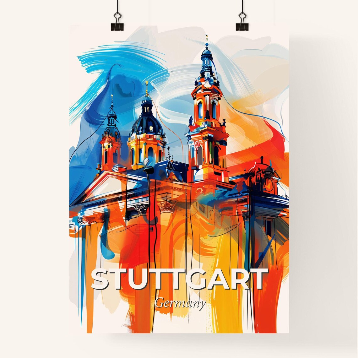 Stuttgart Germany Colorful Abstract Church Towers Skyline Poster - Image 4
