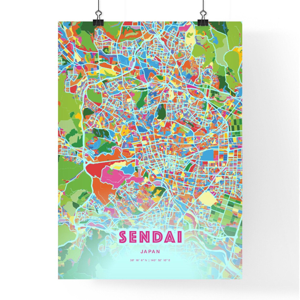 Sendai Japan Colorful City Map Art Poster in Pink and Turquoise - Image 3