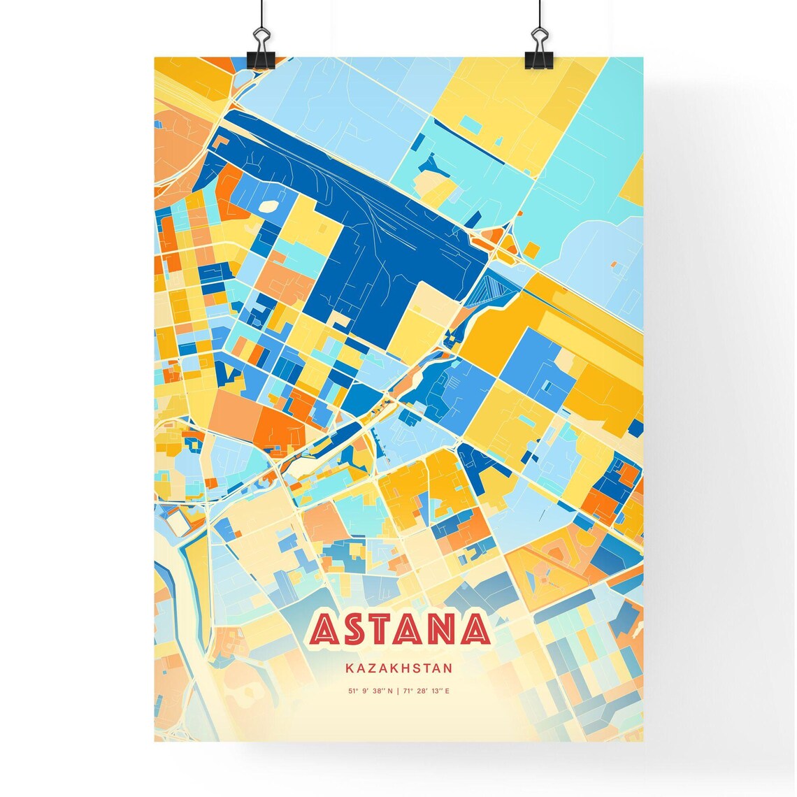 Astana Kazakhstan Blue Orange Colorful City Map Art Poster With Coordinates - Image 3