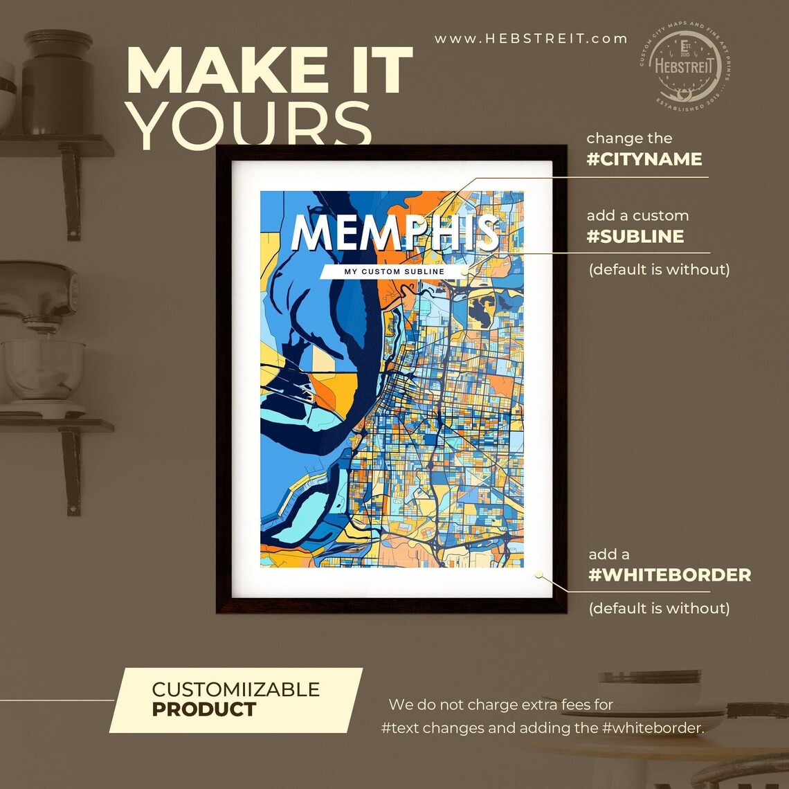 Memphis Tennessee Vibrant Stylized Blue and Orange City Map Poster - Image 2