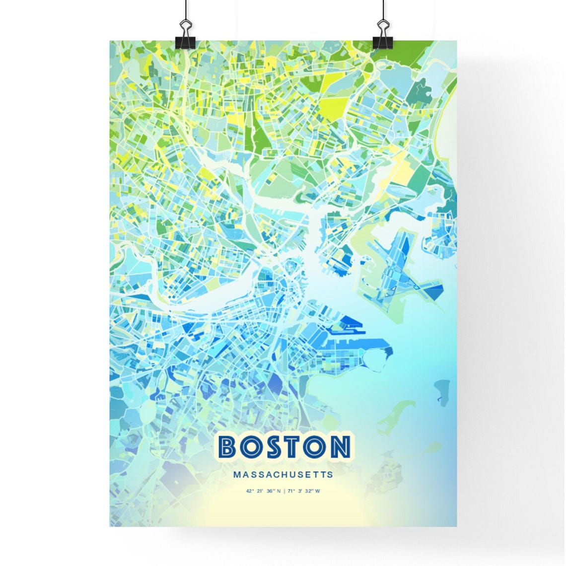 Boston Massachusetts Bluish Watercolor Modern City Map Art Poster - Image 3