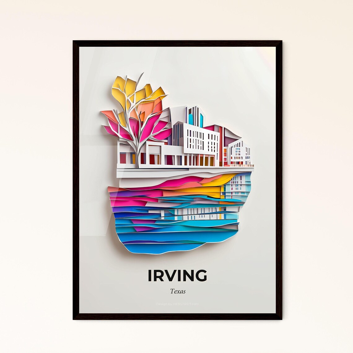 Irving Texas Colorful Paper Cut Building and Tree Scene Poster