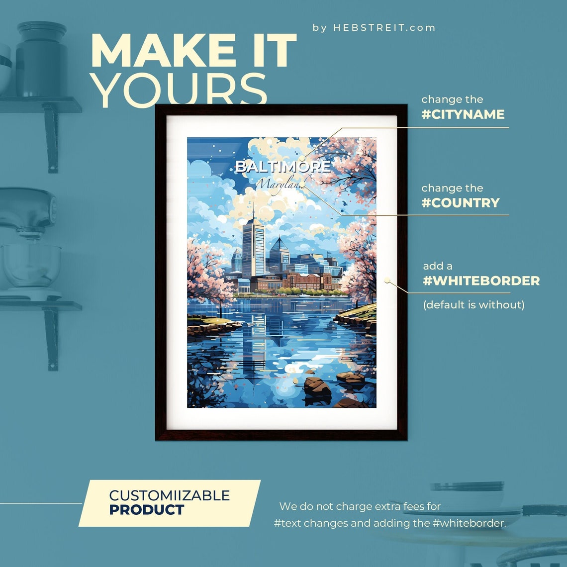 Baltimore Maryland Cherry Blossom Harbor Skyline Travel Poster - Image 2