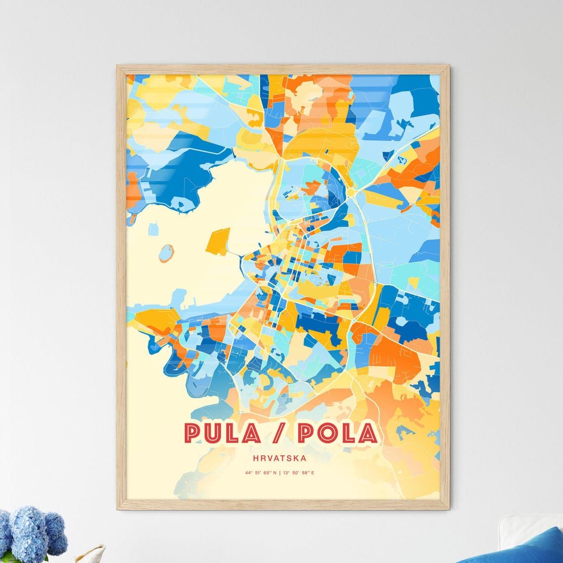 Pula Croatia Pola Modern Colorful City Map Blue Orange Poster