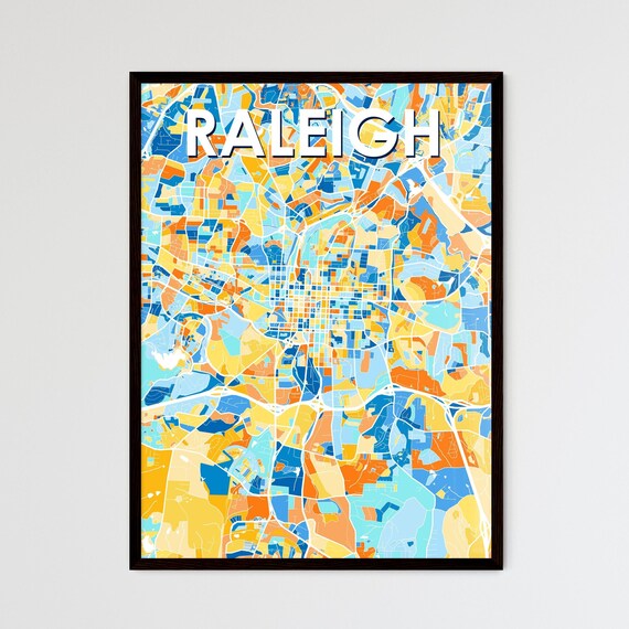 Raleigh North Carolina Vibrant Blue and Orange City Map Poster