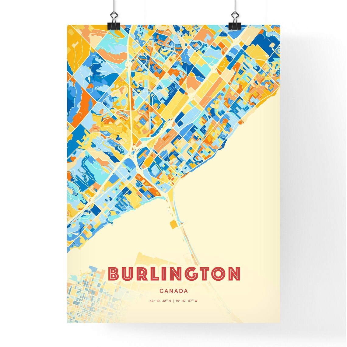 Burlington Canada City Map Art Poster in Bold Blue and Orange - Image 3