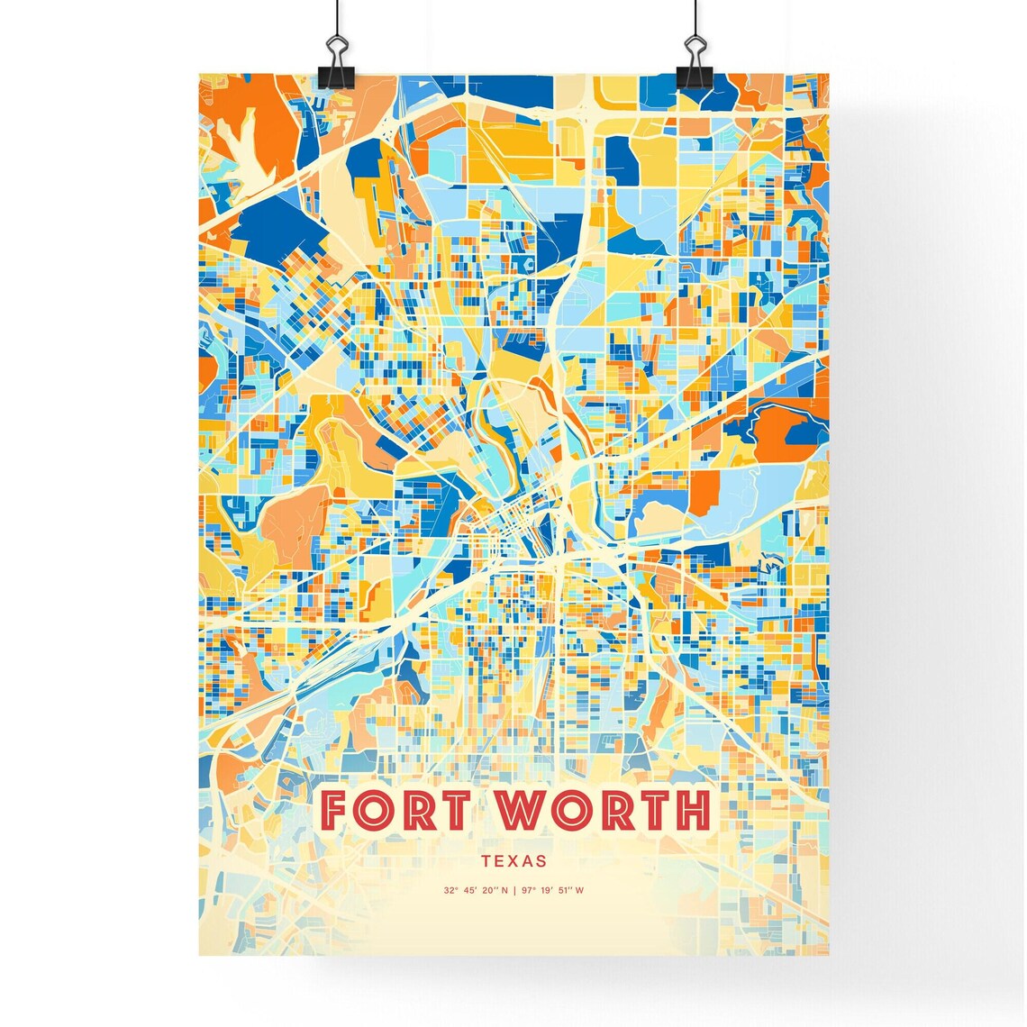 Fort Worth Texas Colorful City Map Art Poster Blue And Orange Grid Design - Image 3