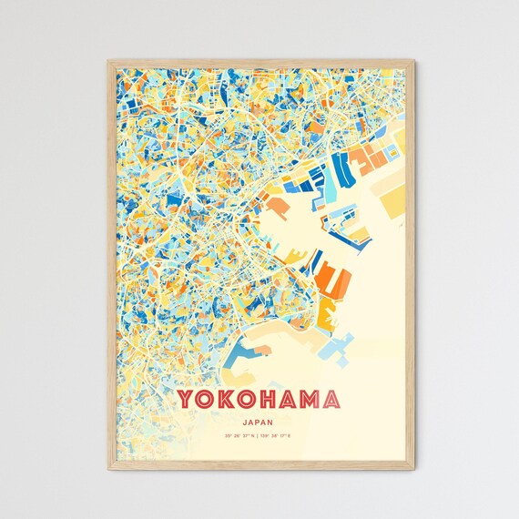 Yokohama Japan Blue Orange Colorful City Map Art Poster With Coordinates