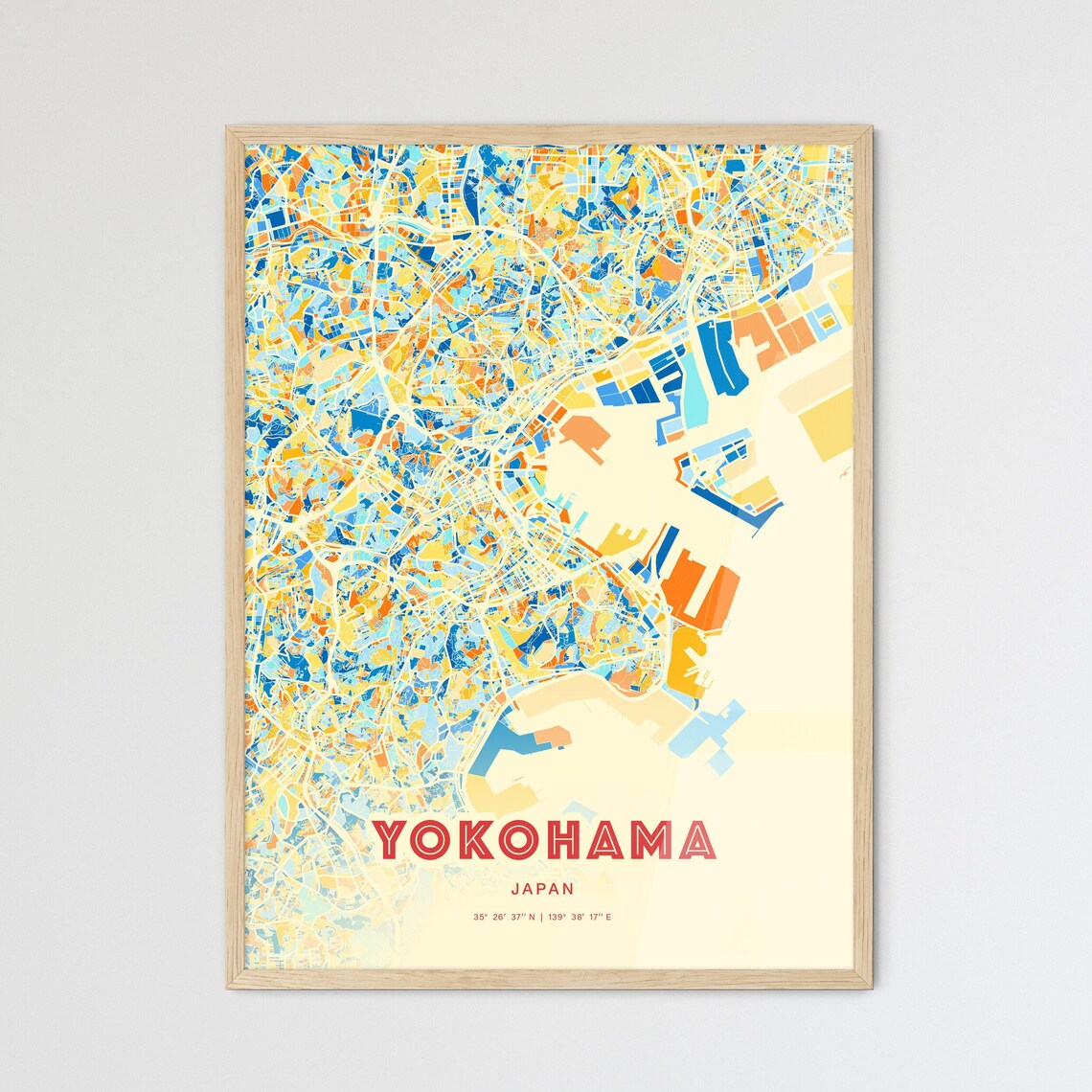 Yokohama Japan Blue Orange Colorful City Map Art Poster With Coordinates