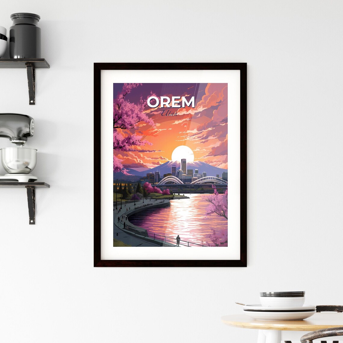 Orem Utah Sunset City Skyline Bridge With Cherry Blossom Poster - Image 2