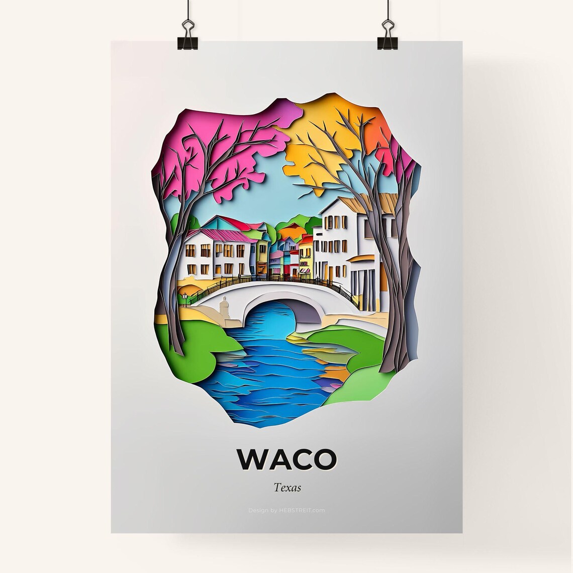 Waco Texas Riverside Bridge Old Town Vivid Paper Cut Art Poster - Image 4