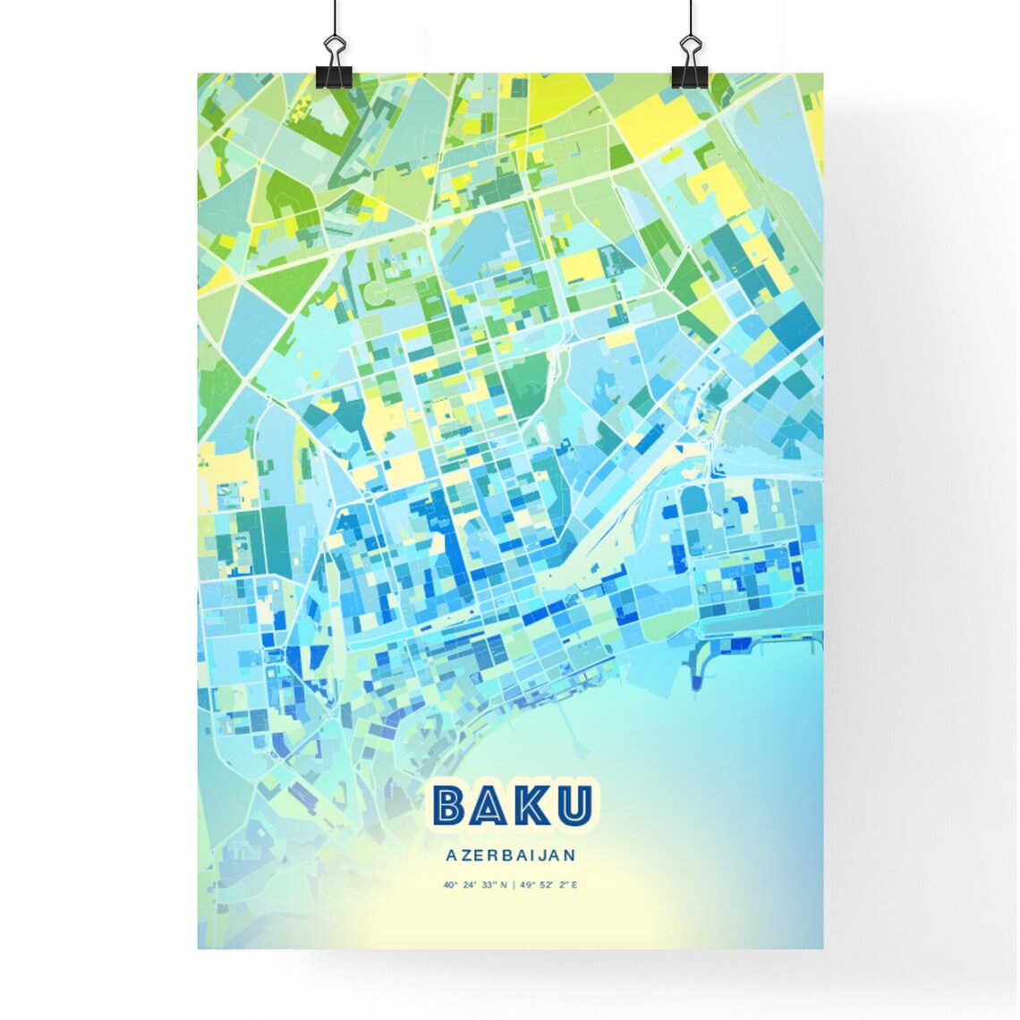 Baku Azerbaijan Personalized Bluish Art City Map Coordinates Poster - Image 2