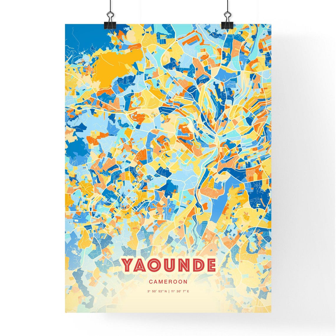 Yaounde Cameroon Colorful Blue Orange Abstract City Map Art Poster - Image 3