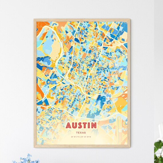 Austin Texas Bold Vibrant Blue Orange Mosaic City Map Poster
