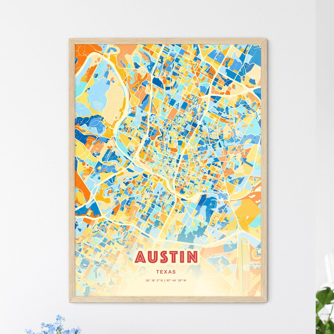 Austin Texas Bold Vibrant Blue Orange Mosaic City Map Poster