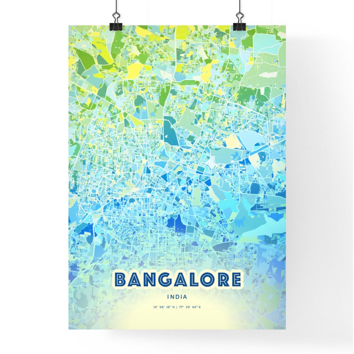 Bangalore India Pastel Blue City Map Art with Coordinates Poster - Image 3