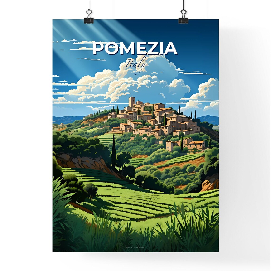 Pomezia Italy Hilltop Village Cypress Terraced Fields Art Poster - Image 4