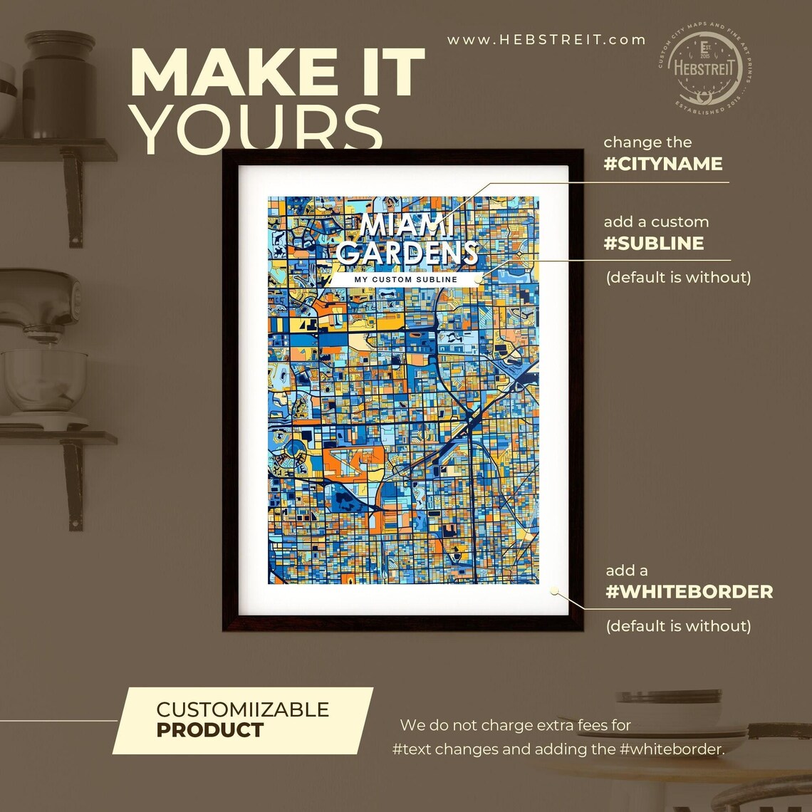 Miami Gardens Florida Stylish Vibrant Blue and Orange Mosaic City Map Poster - Image 2