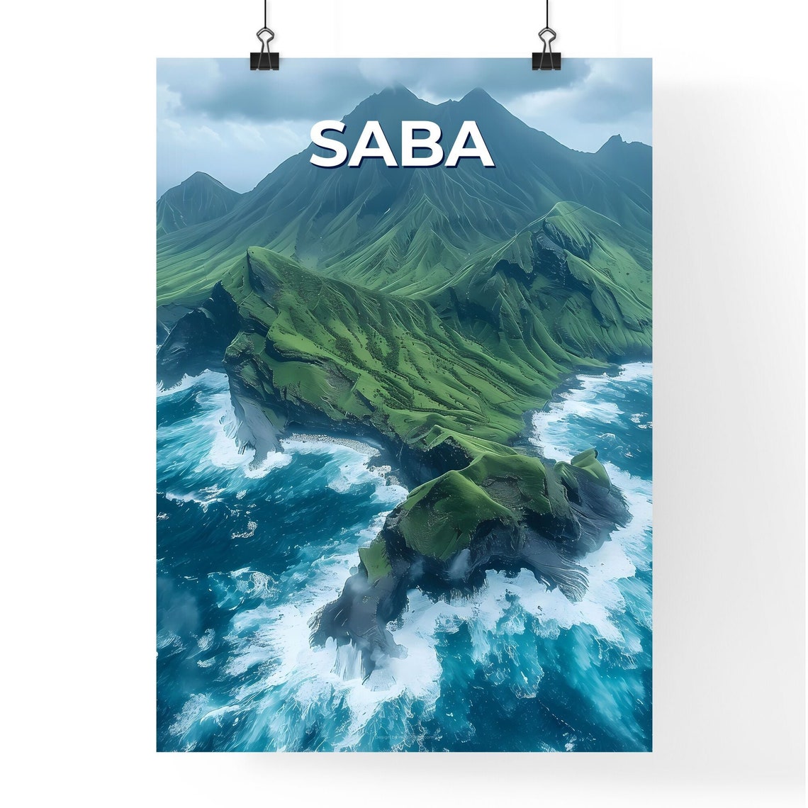 Saba Island Lush Green Peaks Ocean Cliffs Aerial View Poster - Image 4
