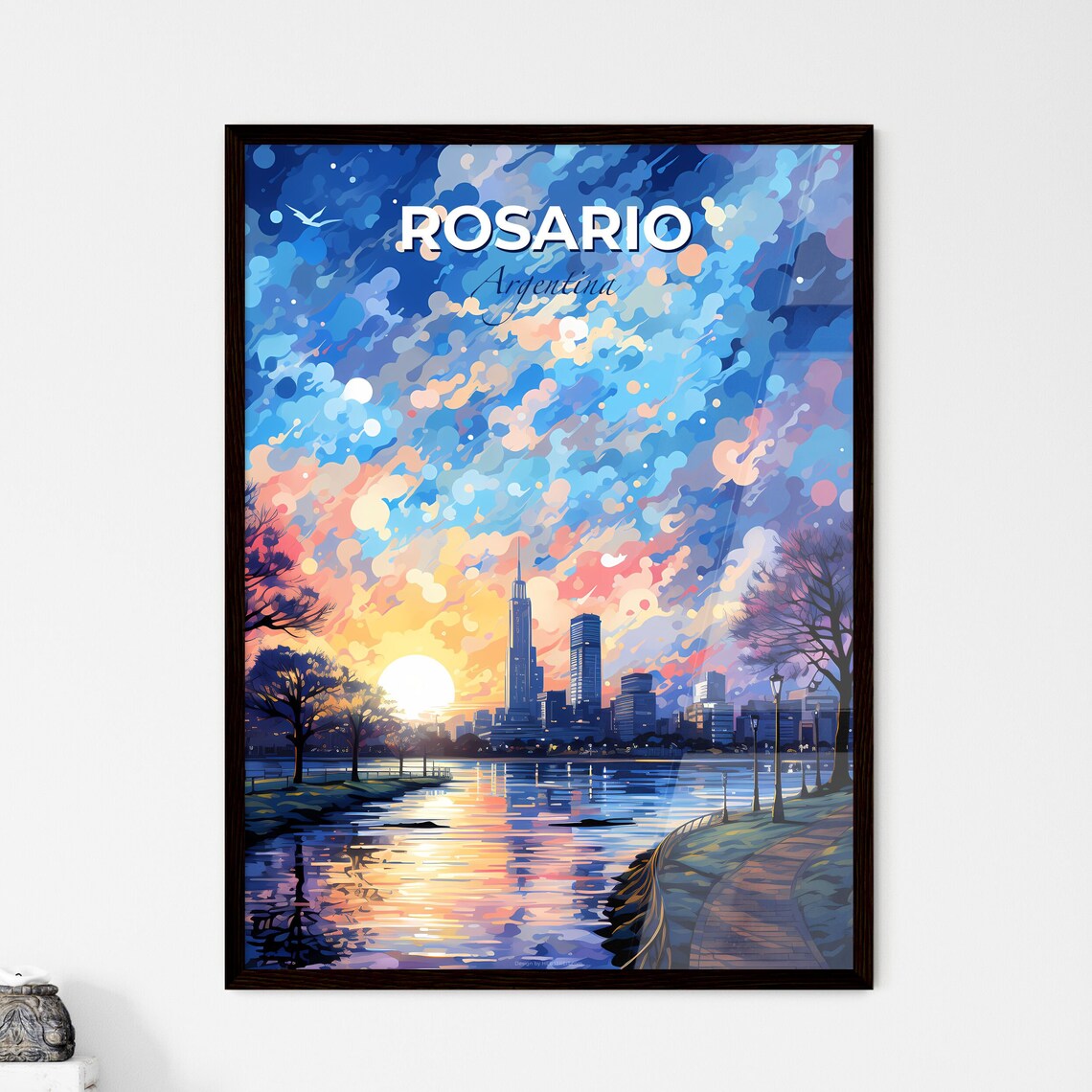 Rosario Argentina Sunset River Skyline Painterly Travel Poster