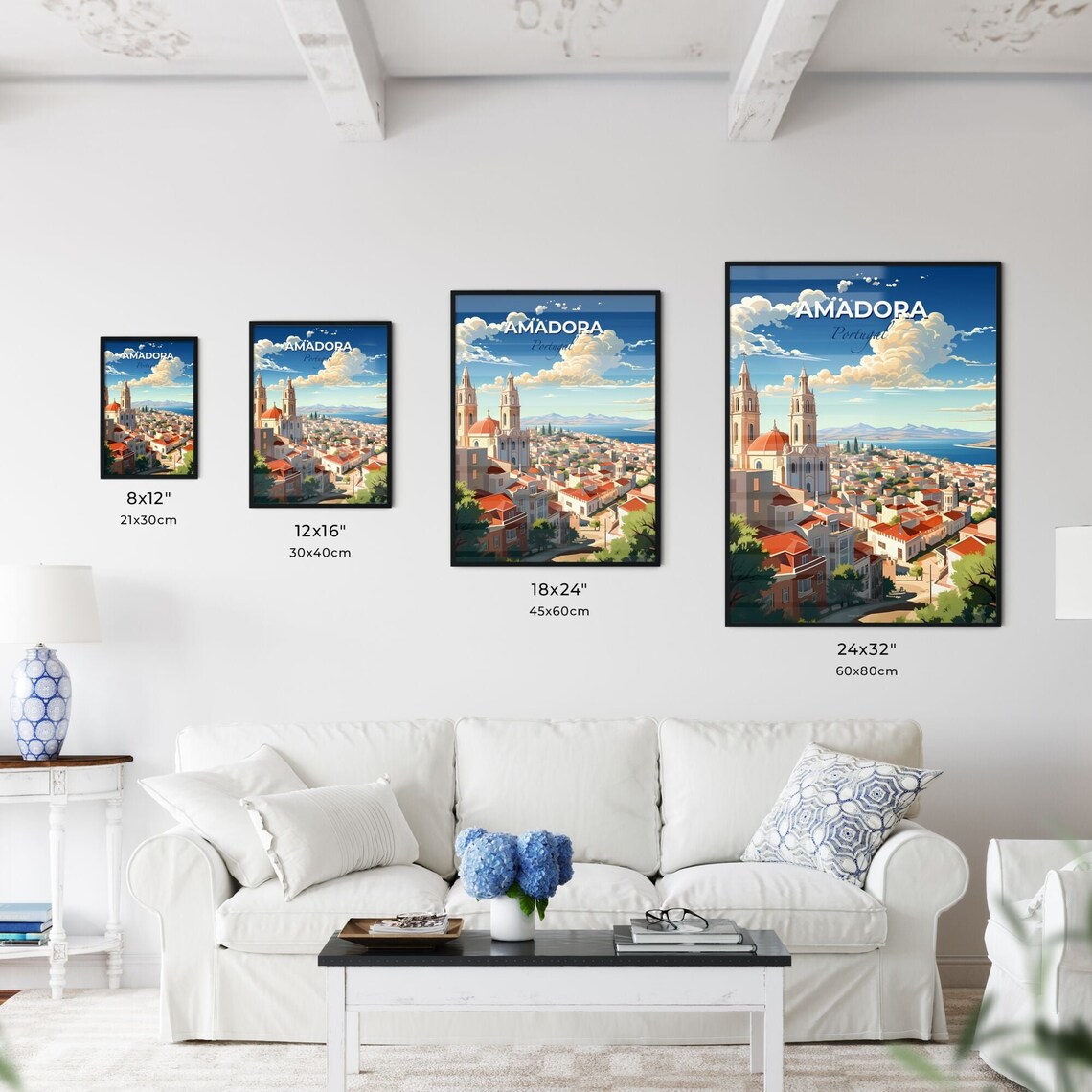 Amadora Portugal Red Roof City Bay View Vintage Travel Poster - Image 3