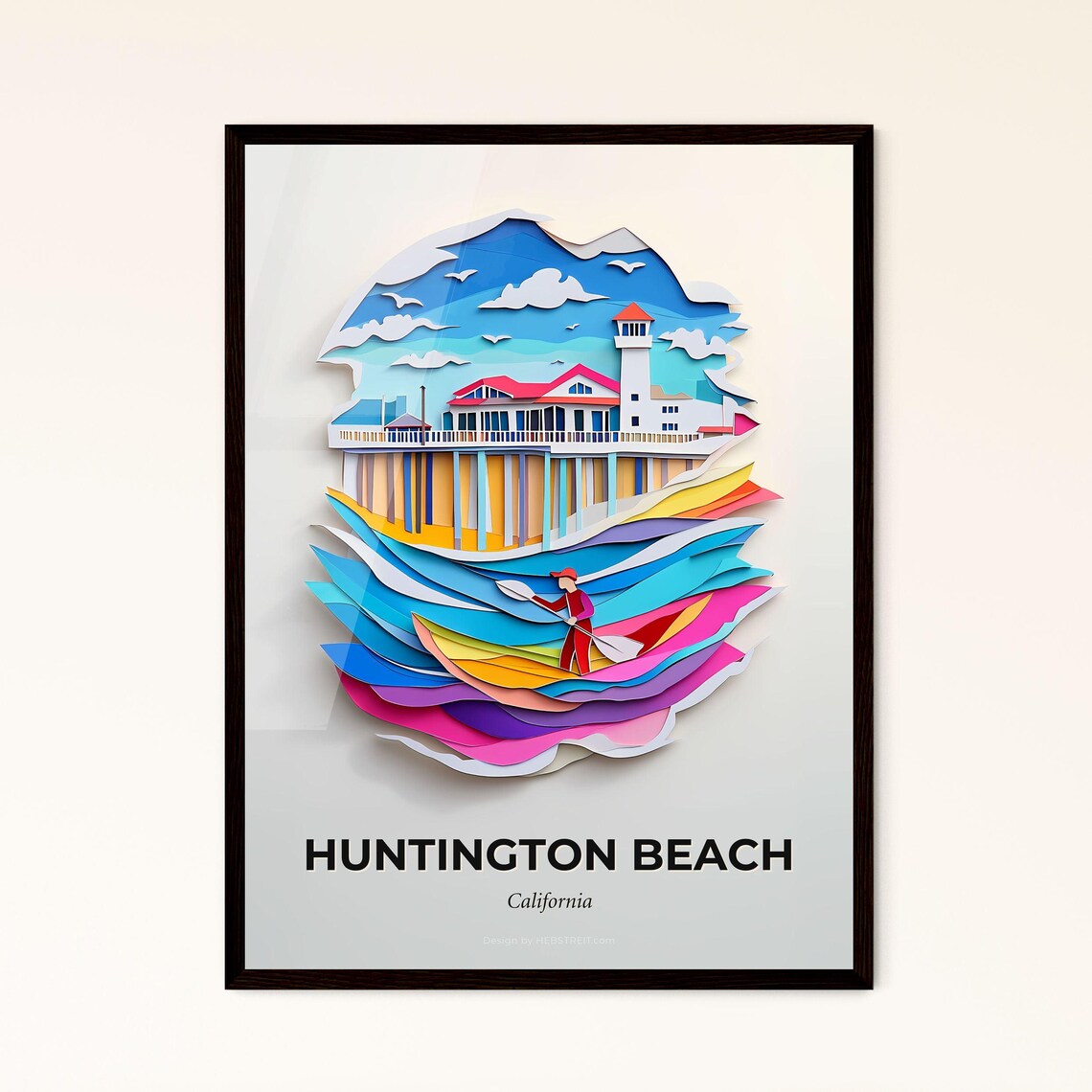 Huntington Beach California Colorful Paper Cut Pier Surf Poster