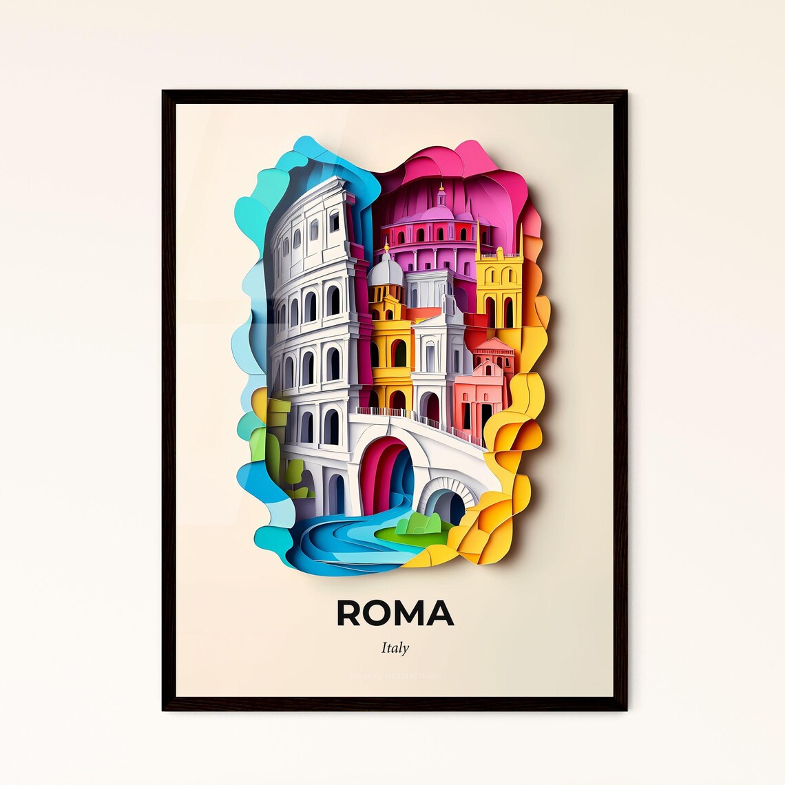 Roma Italy Colorful Paper Cut Colosseum Landmark Travel Poster