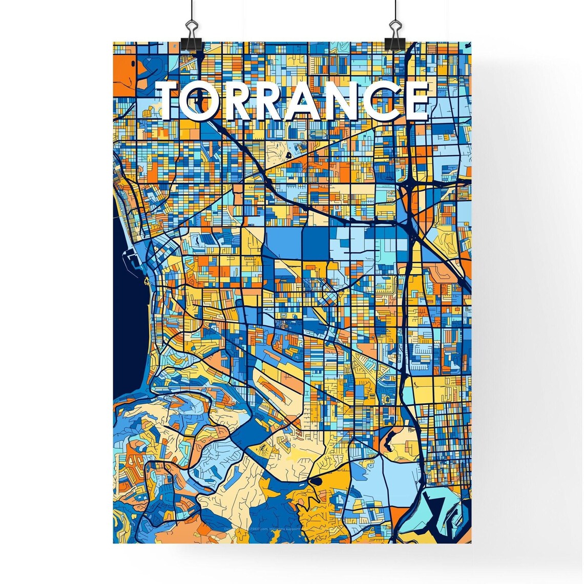 Torrance California Stylish Vibrant Blue and Orange Mosaic City Map Poster - Image 4