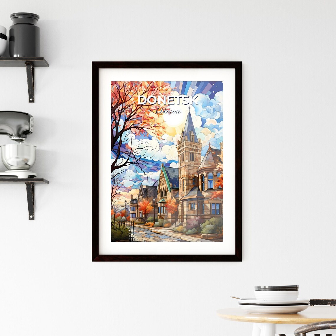 Donetsk Ukraine Stained Glass Church Autumn Trees Art Poster - Image 2