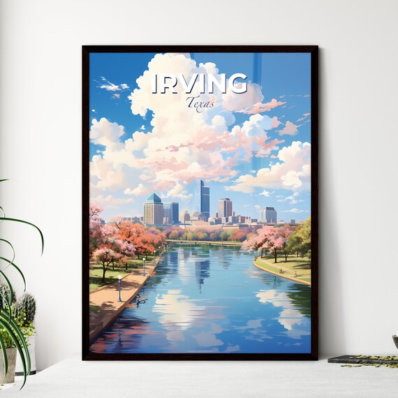 Irving Texas River Skyline Spring Trees Vintage Travel Art Poster