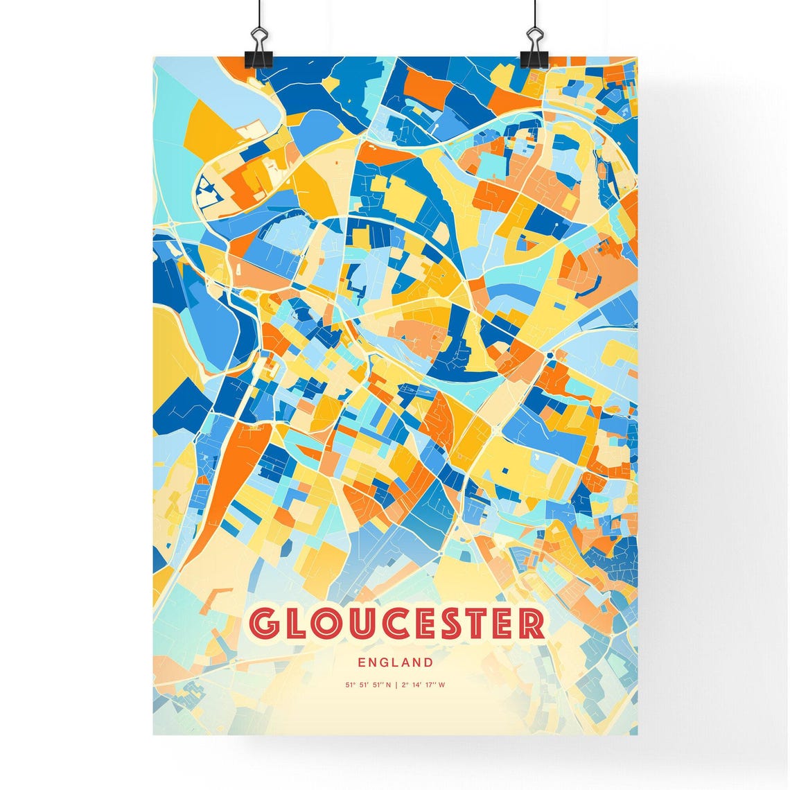 Gloucester England Colorful City Map Art Poster Blue And Orange Design - Image 3