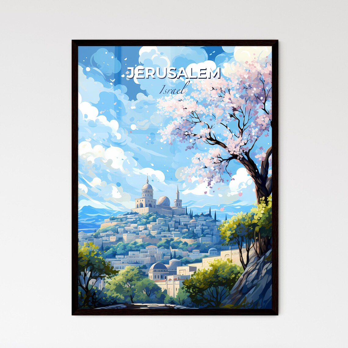 Jerusalem Israel Hilltop Old City Blossoms Vintage Travel Poster