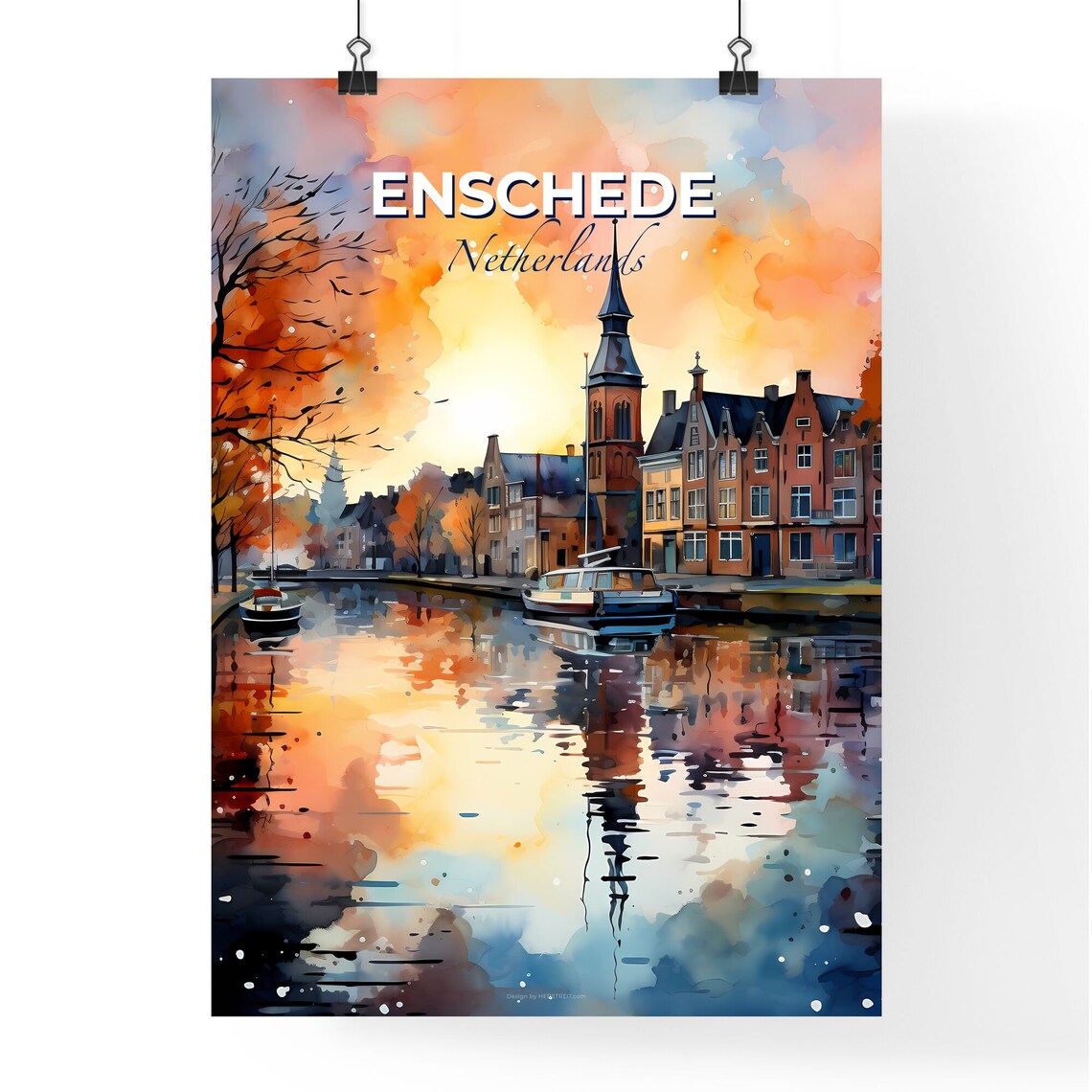 Enschede Netherlands Watercolor Canal Boats Autumn Sunset Poster - Image 4