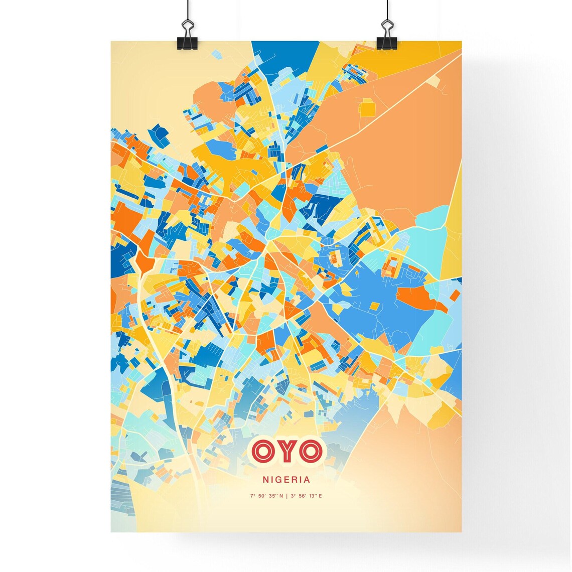Oyo Nigeria Colorful City Map Poster Blue Orange Bold African Wall Decor - Image 3