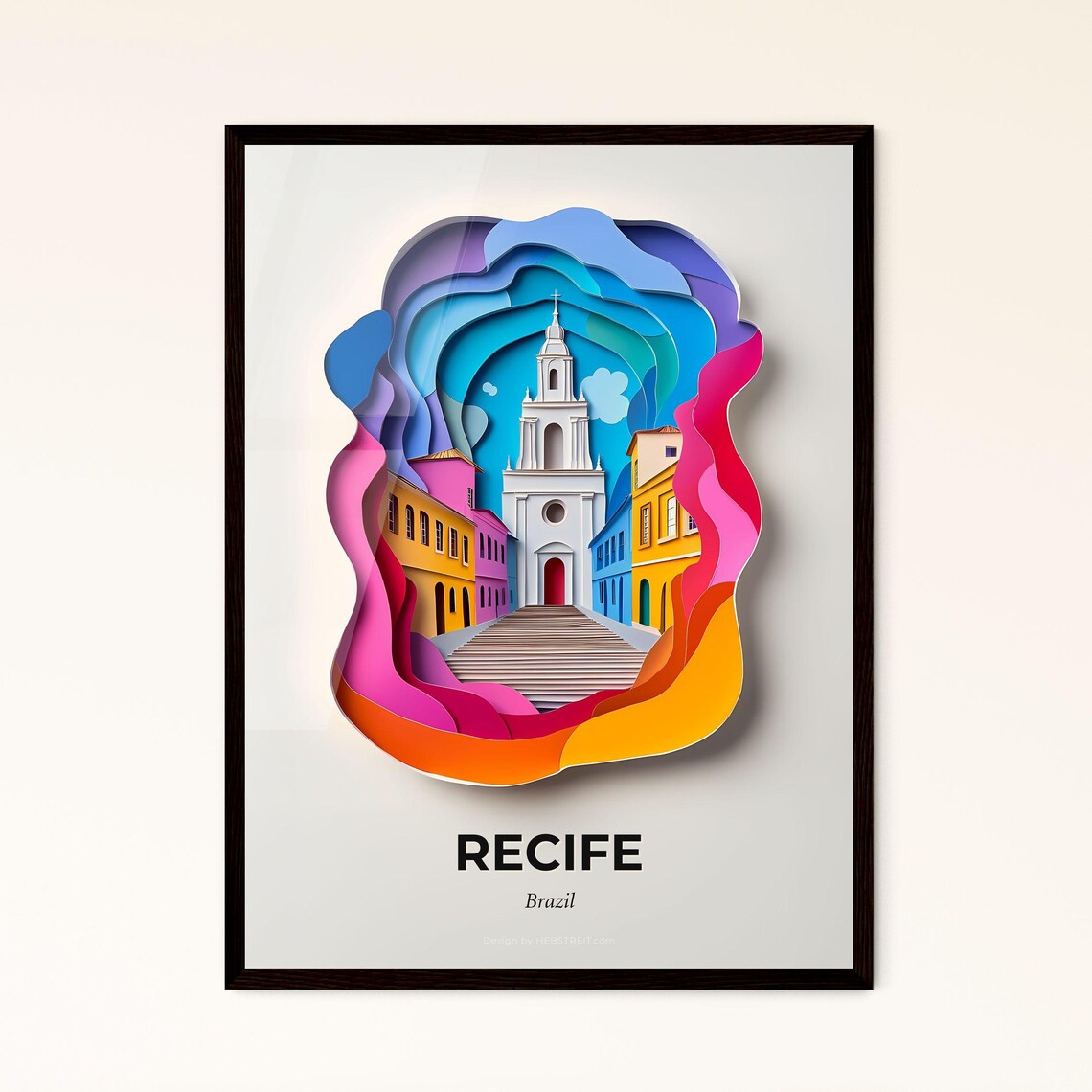 Recife Brazil Colorful Paper Cut Colonial Church Steps Travel Poster